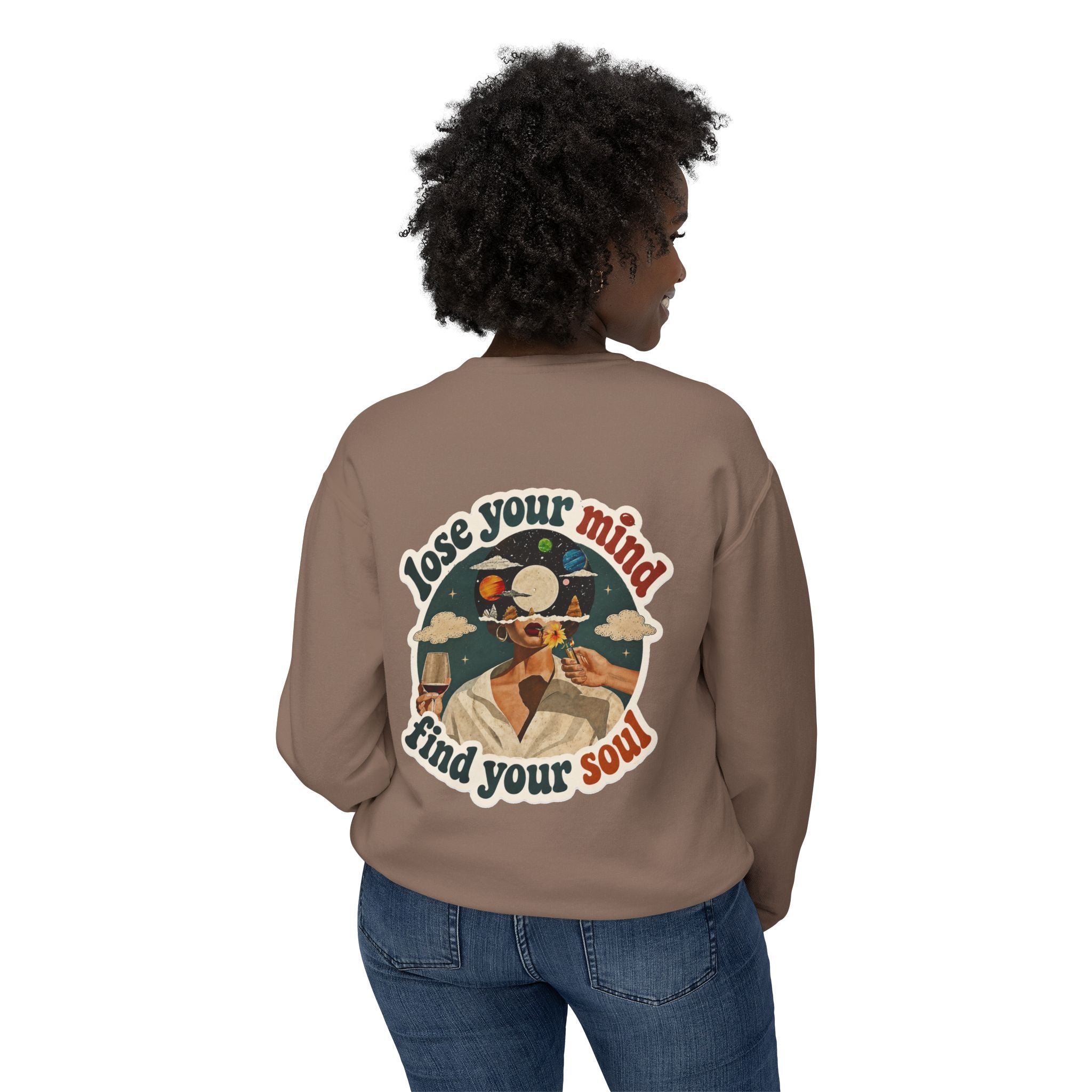 Retro 'Be a Light' Crewneck Sweatshirt — "Lose Your Mind, Find Your Soul" Graphic