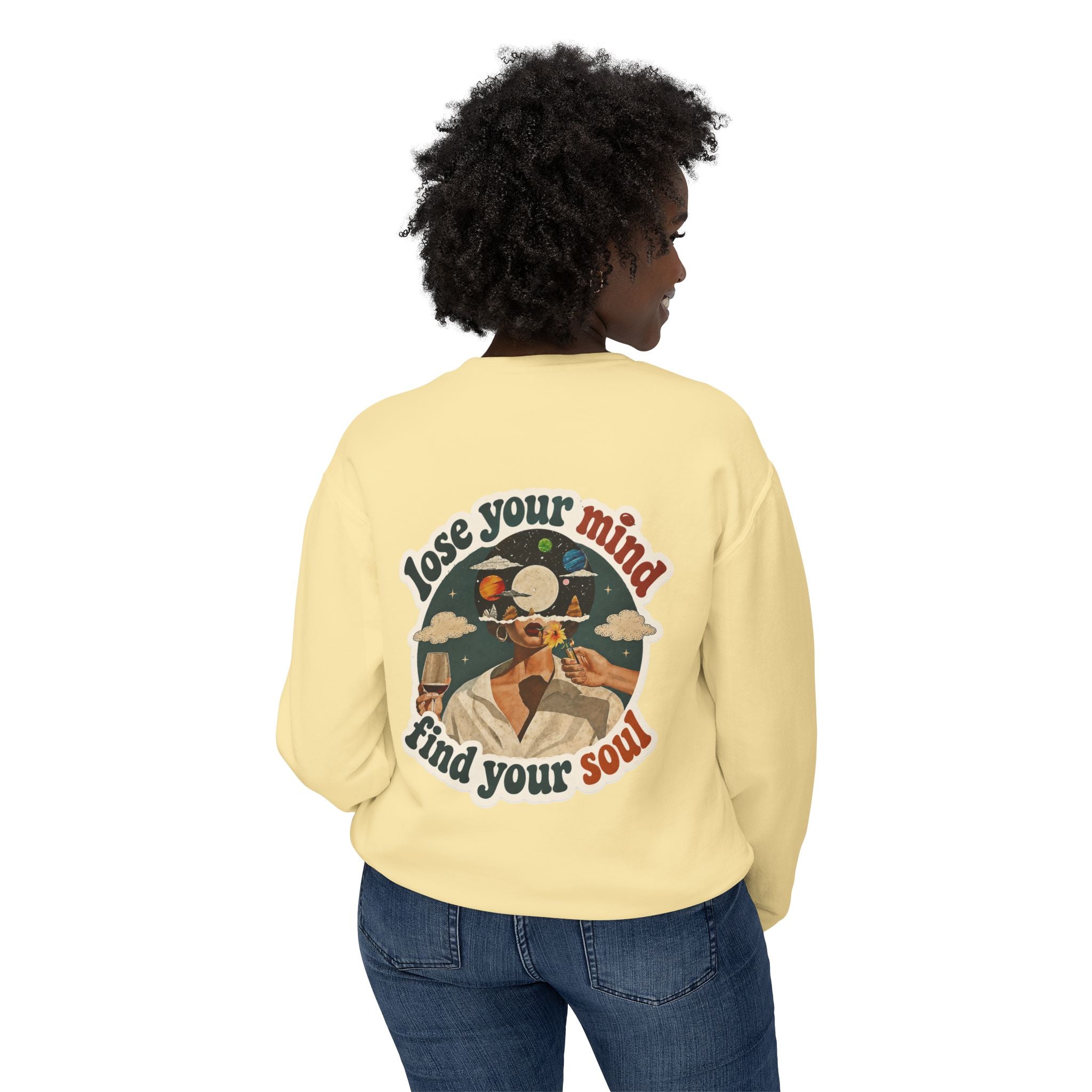 Retro 'Be a Light' Crewneck Sweatshirt — "Lose Your Mind, Find Your Soul" Graphic
