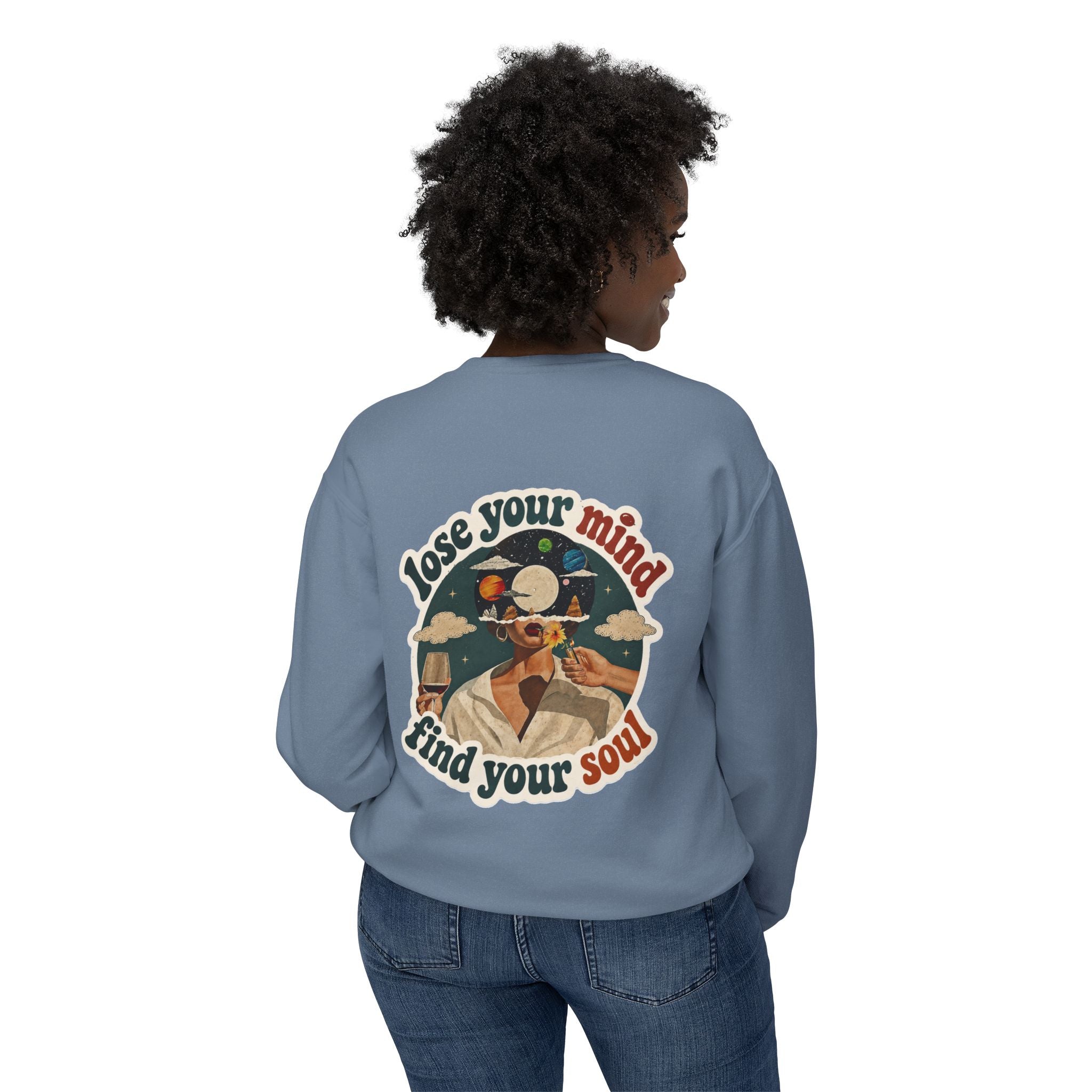 Retro 'Be a Light' Crewneck Sweatshirt — "Lose Your Mind, Find Your Soul" Graphic